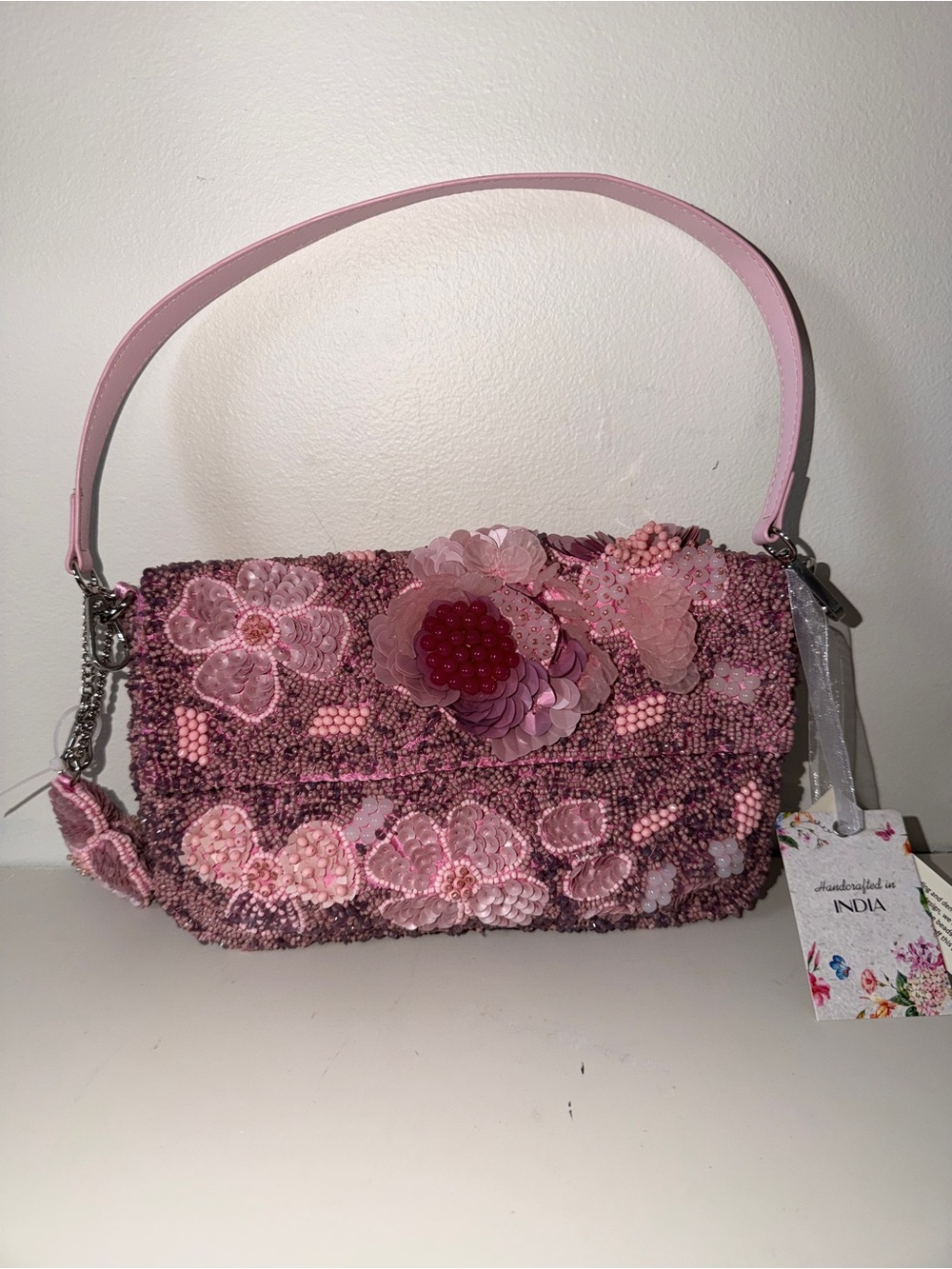NWT Hand Beaded Floral‎ Shoulder Bag Pink Sequin Embellished Purse Handmade